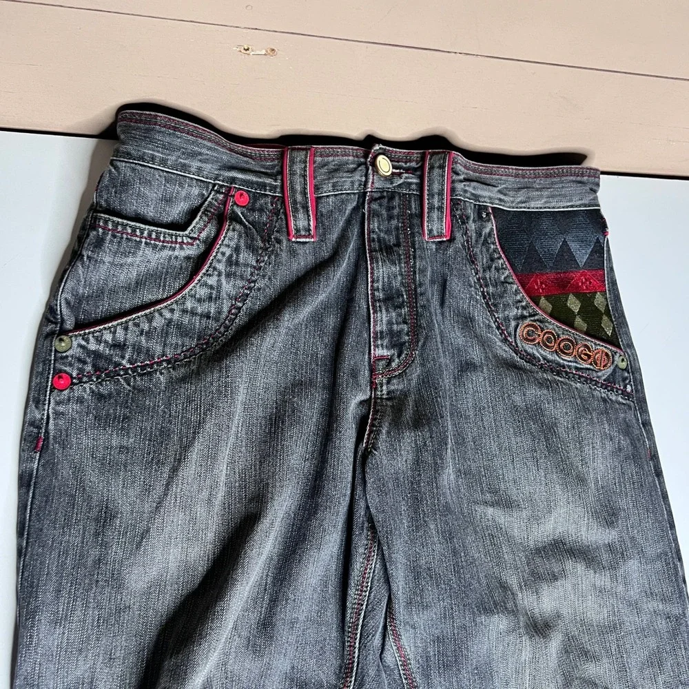 Coogi Jeans‎ Mens 36x34 Black Faded Denim Embroidered Patchwork Straight Leg Y2K